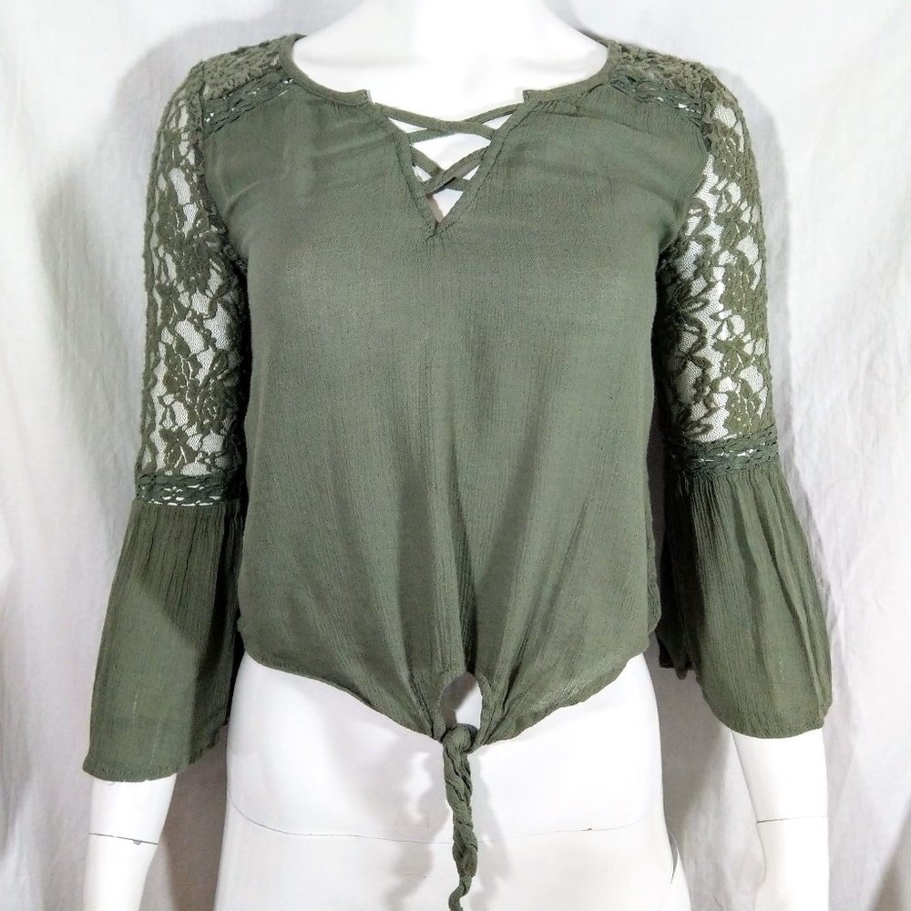 Mudd Lacy Olive Top w/ Crisscross Neckline